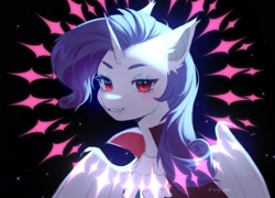 Size: 2507x1804 | Tagged: safe, artist:tyutya, imported from derpibooru, rarity, pony, unicorn, bat wings, black background, female, horn, mare, red eyes, simple background, smiling, sparkles, wings