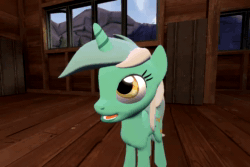 Size: 720x480 | Tagged: safe, artist:sfmbrony, imported from twibooru, derpy hooves, lyra heartstrings, pony, unicorn, animated, cutie mark, derp, dingo pictures, dinosaur adventure, image, indoors, looking at you, looking up, lyra is not amused, mp4, open mouth, oro (dingo pictures), spread wings, tail, unamused, wings, yee, youtube link