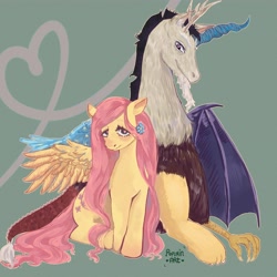 Size: 4000x4000 | Tagged: safe, artist:popurin, imported from derpibooru, discord, fluttershy, draconequus, pegasus, antlers, blush sticker, blushing, duo, duo male and female, female, flower, flower in hair, heart, heart eyes, horn, implied discoshy, implied shipping, implied straight, male, signature, spread wings, wingding eyes, wings