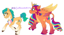 Size: 1798x1000 | Tagged: safe, artist:caffeinatedcarny, imported from derpibooru, hitch trailblazer, sunny starscout, alicorn, earth pony, pony, blushing, coat markings, colored hooves, colored wings, countershading, curved horn, duo, ear piercing, feathered fetlocks, g5, gradient hooves, gradient mane, gradient wings, horn, horn runes, leonine tail, markings, multicolored hair, piercing, pride, pride flag, race swap, redesign, siblings, simple background, sunnycorn, tail, transgender, transgender pride flag, transmasc, unshorn fetlocks, wings