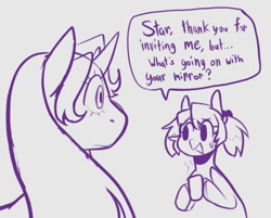 Size: 852x684 | Tagged: safe, artist:melodymelanchol, imported from derpibooru, oc, oc only, oc:gacha, oc:star voyeur, earth pony, unicorn, dialogue, drink, duo, female, hoof hold, horn, mare, monochrome, simple background, sketch, speech bubble, white background