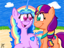 Size: 2160x1620 | Tagged: safe, artist:jesslmc16, imported from derpibooru, izzy moonbow, sunny starscout, earth pony, unicorn, spoiler:g5, spoiler:my little pony: tell your tale, spoiler:tyts02e00, beach, cloud, cloudy, cute, digital art, duo, duo female, female, g5, grass, horn, izzybetes, mare, multicolored hair, my little pony: tell your tale, rainbow hair, sand, signature, simple background, sunnybetes, the blockywockys