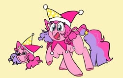 Size: 1239x782 | Tagged: safe, artist:melodymelanchol, imported from derpibooru, pinkie pie, earth pony, pony, female, hat, jester hat, jester outfit, kinsona, kirby (series), mare, reference, simple background, solo, yellow background