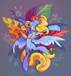 Size: 2211x2342 | Tagged: safe, artist:singingsun, imported from derpibooru, oc, oc only, oc:singing sun, pegasus, pony, abstract background, colored wings, eyes closed, female, flying, happy, pegasus oc, solo, tail, two toned wings, wavy hair, wavy mane, wavy tail, wings