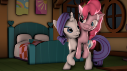 Size: 1280x720 | Tagged: safe, artist:digiveemhf, imported from twibooru, pinkie pie, rarity, earth pony, pony, unicorn, 3d, bed, carrying, cutie mark, grin, image, looking at each other, pillow, png, ponies riding ponies, raised hoof, riding, smiling, smiling at each other, source filmmaker, tail, window