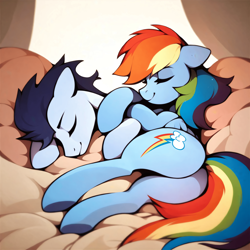 Size: 4096x4096 | Tagged: safe, imported from derpibooru, rainbow dash, soarin', ai content, ai generated, bed, cuddling, female, male, prompter:*rainbow dash*, shipping, sleeping, soarindash, straight