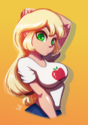 Size: 706x1000 | Tagged: safe, artist:the-park, imported from derpibooru, applejack, human, equestria girls, breasts, busty applejack, female, gradient background, half body, hand on head, hatless, missing accessory, solo