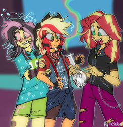 Size: 1046x1074 | Tagged: safe, artist:chortzykit, imported from derpibooru, applejack, fluttershy, sunset shimmer, human, equestria girls, alternate hairstyle, antonymph, bong, clothes, drugs, dyed hair, female, flutterhigh, fluttgirshy, gir, high, invader zim, keep calm and carry on, nervous, pants, ripped pants, shorts, speedpaint available, torn clothes, trio, vylet pony