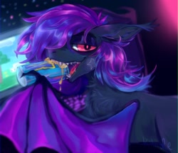 Size: 1280x1106 | Tagged: safe, artist:chortzykit, imported from derpibooru, oc, oc only, unnamed oc, bat pony, pony, bat pony oc, bat wings, computer, drink, minecraft, soda, soda can, solo, wings