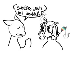 Size: 852x684 | Tagged: safe, artist:melodymelanchol, imported from derpibooru, oc, oc only, oc:gacha, pony, unicorn, dialogue, disability pride, disability pride flag, female, horn, magic, mare, pride, pride flag, simple background, sketch, speech bubble, telekinesis, white background