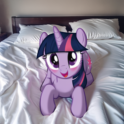 Size: 1024x1024 | Tagged: safe, imported from derpibooru, twilight sparkle, pony, unicorn, ai content, ai generated, bed, blushing, generator:pony diffusion v6 xl, generator:stable diffusion, horn, irl, looking at you, lying down, lying on bed, on bed, open mouth, photo, pillow, ponies in real life, solo, unicorn twilight