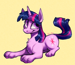 Size: 1325x1145 | Tagged: safe, artist:chortzykit, imported from derpibooru, twilight sparkle, cat, cat pony, original species, pony, unicorn, catified, horn, lying down, paws, simple background, smiling, solo, species swap, twilight cat, unicorn twilight, yellow background