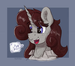 Size: 2705x2365 | Tagged: safe, artist:reddthebat, imported from derpibooru, oc, oc only, oc:violina (reddthebat), pony, unicorn, blue background, bust, ear fluff, female, high res, horn, mare, open mouth, open smile, passepartout, pictogram, simple background, smiling, solo, speech bubble
