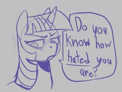 Size: 2003x1508 | Tagged: safe, artist:melodymelanchol, imported from derpibooru, twilight sparkle, alicorn, pony, dialogue, female, gray background, mare, monochrome, offscreen character, simple background, sketch, solo, speech bubble