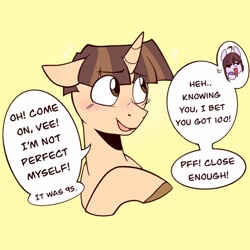 Size: 1928x1928 | Tagged: safe, artist:melodymelanchol, imported from derpibooru, velvet sky, wiz kid, pegasus, pony, unicorn, dialogue, duo, eye clipping through hair, eyebrows, eyebrows visible through hair, female, horn, male, mare, simple background, speech bubble, stallion, yellow background