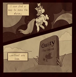 Size: 1440x1470 | Tagged: safe, artist:melodymelanchol, imported from derpibooru, gusty, gusty the great, pony, unicorn, comic:rotten harmony, comic, crying, curved horn, female, g1, grave, gravestone, horn, mare, monochrome, moon, solo, sun, unshorn fetlocks