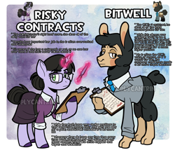 Size: 2048x1755 | Tagged: safe, artist:lycantrin, imported from derpibooru, oc, oc:bitwell, oc:risky contracts, alpaca, llama, pony, unicorn, pony town, alpaca oc, bidwell, biography, black coat, black mane, blushing, brown eyes, bun hairstyle, bushy tail, button-up shirt, cardigan, clipboard, clothes, collared shirt, digital art, duo, fanart, fandom, floating, fountain pen, glasses, glowing, glowing horn, green eyes, horn, long skirt, looking at you, messy mane, necktie, no pants, office, office lady, office worker, pauling, pleated skirt, ponified, pony town oc, purple coat, purple magic, reference sheet, rolled up sleeves, shirt, signature, skirt, statistics, tail, tail bun, team fortress 2, three piece suit, tied tail, tuxedo, unicorn oc, wall of tags, watercolor background, watermark, wool, worker, worker drone