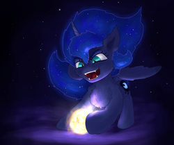 Size: 2595x2174 | Tagged: safe, artist:gosha305, imported from derpibooru, princess luna, alicorn, pony, behaving like a cat, chest fluff, cute, dark background, ear fluff, ethereal mane, fangs, female, fluffy, full body, horn, mare, open mouth, playing, running, slit pupils, solo, starry mane, sun, tangible heavenly object, teeth, wings, younger