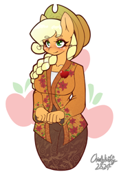 Size: 744x1074 | Tagged: safe, artist:chiefywiffy, imported from derpibooru, applejack, anthro, earth pony, applejack's hat, braid, clothes, cowboy hat, dress, hat, simple background, solo