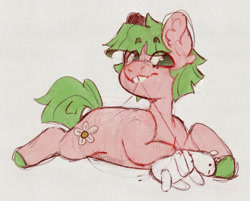Size: 1819x1460 | Tagged: safe, artist:shyhandart, imported from derpibooru, oc, oc only, oc:sweet pea, earth pony, pony, adopted offspring, bucktooth, colored hooves, eye clipping through hair, eyebrows, eyebrows visible through hair, female, filly, foal, lying down, missing limb, mouth hold, offspring, parent:big macintosh, parent:fluttershy, parents:fluttermac, plushie, prone, sewing, simple background, solo, sploot, thread, turned head, white background