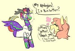 Size: 2048x1412 | Tagged: safe, artist:melodymelanchol, imported from derpibooru, oc, oc only, oc:gentle shy, oc:german pringles, alicorn, pegasus, pony, alicorn oc, antlers, clothes, cowboy hat, dialogue, duo, female, hat, horn, male, mare, shirt, simple background, stallion, wings, yellow background