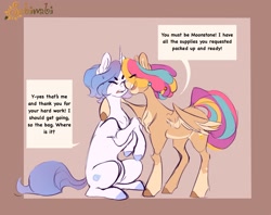 Size: 2150x1703 | Tagged: safe, artist:sabiwabii, imported from derpibooru, oc, oc only, oc:moonstone, oc:party favor, pegasus, pony, unicorn, brown background, coat markings, duo, duo female, eyes closed, female, horn, hug, magical lesbian spawn, mare, offspring, open mouth, open smile, pale belly, parent:pinkie pie, parent:rainbow dash, parents:pinkiedash, partially open wings, simple background, sitting, smiling, socks (coat markings), wings