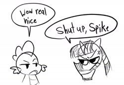 Size: 1657x1133 | Tagged: safe, artist:melodymelanchol, imported from derpibooru, spike, twilight sparkle, dragon, pony, unicorn, angry, black and white, cross-popping veins, dialogue, emanata, female, grayscale, mare, monochrome, simple background, sketch, speech bubble, twipie au, unicorn twilight, white background