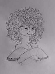 Size: 3060x4080 | Tagged: safe, artist:curly horse, imported from derpibooru, oc, pony, chest fluff, crossed hooves, curly hair, curly mane, fluffy, male, pencil drawing, silly, smug, solo, stallion, traditional art