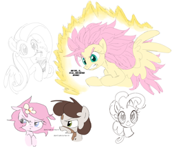 Size: 1634x1404 | Tagged: safe, artist:dotkwa, artist:parfait, imported from derpibooru, fluttershy, pinkie pie, oc, oc:deary dots, oc:kayla, earth pony, pegasus, pony, art dump, aura, bust, collaboration, dialogue, dragon ball, drink, drinking, drinking straw, female, filly, floppy ears, flower, flower in hair, foal, gritted teeth, hoof hold, looking at you, mare, onomatopoeia, smiling, smiling at you, spread wings, super saiyan 3, teeth, wings