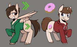 Size: 1332x819 | Tagged: safe, artist:melodymelanchol, imported from derpibooru, pegasus, pony, unicorn, anthony padilla, clothes, facial hair, gray background, hoodie, horn, ian hecox, male, ponified, simple background, smosh, stallion, tongue out