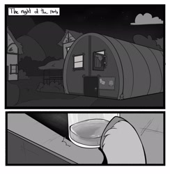 Size: 2002x2048 | Tagged: safe, artist:melodymelanchol, imported from derpibooru, applejack, earth pony, pony, comic:rotten harmony, alcohol, bar, black and white, comic, drink, female, grayscale, mare, monochrome, mug, night, solo