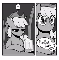 Size: 2002x2048 | Tagged: safe, artist:melodymelanchol, imported from derpibooru, applejack, earth pony, pony, comic:rotten harmony, alcohol, applejack's hat, bar, black and white, comic, cowboy hat, dialogue, drink, female, grayscale, hat, implied berry punch, mare, monochrome, mug, offscreen character, solo, speech bubble, sweat