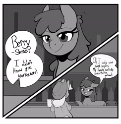 Size: 2002x2048 | Tagged: safe, artist:melodymelanchol, imported from derpibooru, applejack, berry punch, berryshine, earth pony, pony, comic:rotten harmony, alcohol, bar, black and white, bottle, comic, dialogue, drink, duo, female, grayscale, mare, monochrome, mug, sitting, speech bubble