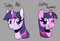 Size: 1904x1308 | Tagged: safe, artist:melodymelanchol, imported from derpibooru, twilight sparkle, pony, unicorn, comic:rotten harmony, alternate universe, blushing, bust, female, gray background, mare, one eye closed, simple background, solo, sweat, unicorn twilight, wink