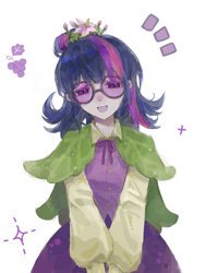 Size: 1080x1440 | Tagged: safe, artist:一个, imported from derpibooru, twilight sparkle, human, blouse, clothes, dress, flower, flower in hair, glasses, humanized, simple background, solo, white background