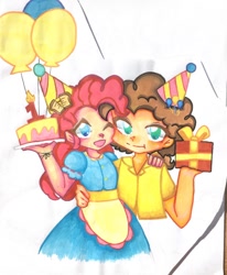 Size: 750x912 | Tagged: safe, artist:超级冷圈人, imported from derpibooru, cheese sandwich, pinkie pie, human, apron, balloon, cake, clothes, dress, food, humanized, present, shirt, traditional art