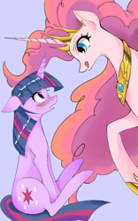 Size: 1055x1688 | Tagged: safe, artist:木瓜papaya, imported from derpibooru, pinkie pie, twilight sparkle, alicorn, pony, unicorn, alicornified, blue background, blushing, crown, duo, duo female, female, hoof shoes, horn, jewelry, licking, licking lips, looking at each other, looking at someone, mare, pinkiecorn, princess shoes, race swap, regalia, simple background, sitting, tongue out, xk-class end-of-the-world scenario