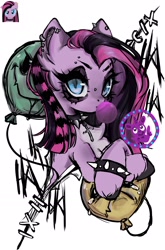 Size: 1766x2679 | Tagged: safe, artist:napolipony, imported from derpibooru, pinkie pie, earth pony, pony, balloon, bridge piercing, bubblegum, chest fluff, choker, cross, ear piercing, earring, emo, eyebrow piercing, eyebrow slit, eyebrows, female, food, gum, jewelry, looking at you, mare, multicolored hair, piercing, pinkamena diane pie, simple background, solo, spiked choker, spiked wristband, white background, wip, wristband