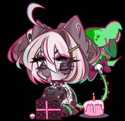 Size: 719x695 | Tagged: safe, artist:napolipony, imported from derpibooru, oc, oc only, original species, plant pony, pony, birthday cake, black background, bow, cake, choker, cupcake, ear fluff, eye clipping through hair, eyebrows, eyebrows visible through hair, female, food, hairclip, mare, plant, present, simple background, solo, spiked choker, tail, tail bow, tongue out, unshorn fetlocks, venus flytrap, vine
