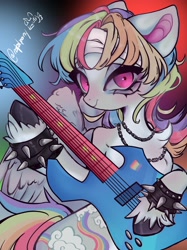 Size: 2060x2758 | Tagged: safe, artist:napolipony, imported from derpibooru, rainbow dash, pegasus, pony, alternate cutie mark, bandage, chains, chest fluff, electric guitar, female, guitar, jewelry, mare, musical instrument, necklace, playing instrument, solo, spiked wristband, unshorn fetlocks, wristband