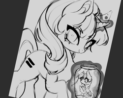 Size: 913x729 | Tagged: safe, artist:napolipony, imported from derpibooru, starlight glimmer, twilight sparkle, alicorn, pony, unicorn, duo, equal cutie mark, female, gray background, grayscale, horn, jar, magic, mare, monochrome, s5 starlight, simple background, size difference, sketch, telekinesis, thing in a jar, twilight sparkle (alicorn), wip