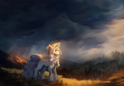 Size: 4096x2858 | Tagged: safe, artist:sweettsa1t, imported from derpibooru, oc, oc only, pony, bonnet, bow, coat markings, commission, dappled, female, forest, hair bow, hill, horns, mare, nature, pigtails, rain, scenery, scenery porn, solo, storm, tree, unshorn fetlocks
