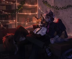 Size: 2468x2010 | Tagged: safe, artist:sweettsa1t, imported from derpibooru, oc, oc only, anthro, bat pony, pegasus, black sclera, blaze (coat marking), bookshelf, clothes, coat markings, commission, couch, drink, duo, ear piercing, ear tufts, earring, eyepatch, facial markings, gay, glasses, jewelry, male, mug, necktie, oc x oc, piercing, shipping, shirt, star (coat marking)