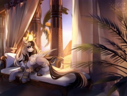 Size: 4000x3000 | Tagged: safe, artist:sweettsa1t, imported from derpibooru, oc, oc only, pony, ancient egypt, bandage, bracelet, coat markings, commission, ear piercing, earring, egyptian, fainting couch, female, horns, jewelry, lying down, mare, peytral, piercing, prone, pyramid, solo, sun, tail, tail jewelry, unshorn fetlocks, wing jewelry, wings