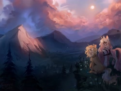 Size: 4000x3000 | Tagged: safe, artist:sweettsa1t, imported from derpibooru, oc, oc only, pony, unicorn, chest fluff, cloud, duo, female, flower, flower in hair, forest, harness, horn, mare, mountain, nature, scenery, scenery porn, sitting, tack, tree, unshorn fetlocks, vein