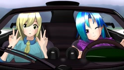 Size: 1280x720 | Tagged: safe, artist:tantan_harusame, imported from derpibooru, derpy hooves, dj pon-3, vinyl scratch, human, car, duo, female, humanized, one eye closed, pagani zonda, parody, peace sign, pixiv, wink