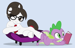 Size: 7806x5000 | Tagged: safe, artist:jhayarr23, imported from derpibooru, raven, spike, dragon, pony, unicorn, blue background, book, clothes, commission, couch, crossed legs, cute, female, glasses, hair bun, horn, male, mare, necktie, older, older spike, one eye closed, one eye open, posing for photo, ravenbetes, ravenspike, reading, shipping, simple background, sparkles, spikabetes, straight, winged spike, wings, wink, ych result