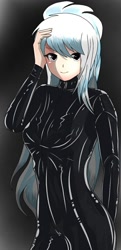 Size: 583x1200 | Tagged: safe, artist:tantan_harusame, imported from derpibooru, cloudchaser, human, breasts, female, gradient background, humanized, latex, latex suit, pixiv, smiling, solo