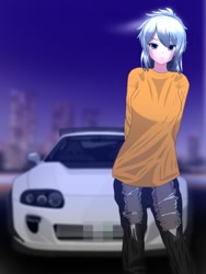 Size: 768x1024 | Tagged: safe, artist:tantan_harusame, imported from derpibooru, cloudchaser, human, arm behind back, car, clothes, female, humanized, jeans, looking at you, night, pants, pixiv, ripped jeans, ripped pants, smiling, solo, sweater, torn clothes, toyota supra