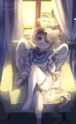 Size: 1259x2048 | Tagged: safe, artist:sweettsa1t, imported from derpibooru, oc, oc only, anthro, pegasus, plantigrade anthro, angel, armchair, chair, clothes, female, halo, shorts, sitting, socks, solo